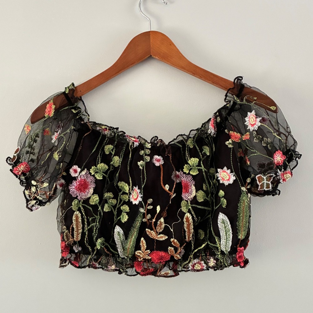 Zaful Crop Top S Floral Embroidered Mesh Boho Fairycore Festival Bardot Cottage